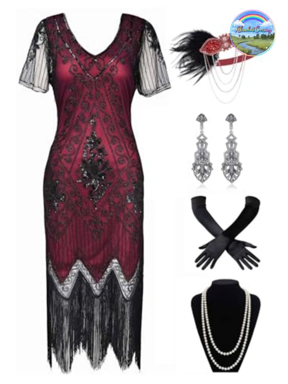 1920s Art Deco Fringed Sequin Dress Set - Roaring 20s Flapper Costume